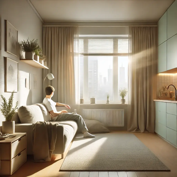 안정적인 청년 1인 가구의 스튜디오 거주 모습 – 햇살과 미니멀 인테리어