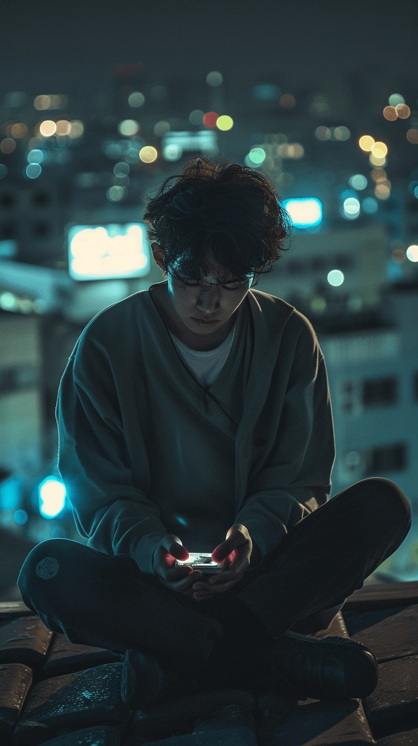 어두운-옥상에서-스마트폰을-하고-있는-남자