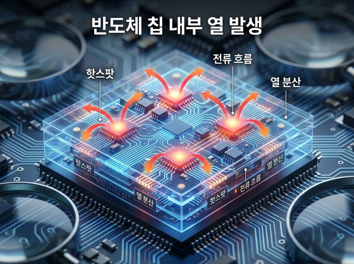 미세한 반도체 칩 내부의 발열 현상을 시각화한 그래픽