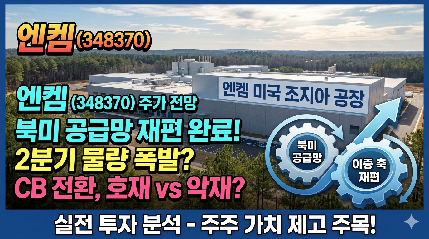 엔켐 미국 조지아 공장 전경을 배경으로 한 유튜브 썸네일 이미지. 상단에 '엔켐(348370)' 주황색 텍스트와 하단에 '엔켐 주가 전망', '북미 공급망 재편 완료! 2분기 물량 폭발?', 'CB 전환, 호재 vs 악재?'라는 굵은 텍스트가 적혀 있다. 우측 하단에는 톱니바퀴 그래픽과 함께 '북미 공급망', '이중 축 재편' 텍스트와 상승 화살표가 그려져 있으며, 최하단에는 '실전 투자 분석 - 주주 가치 제고 주목!' 문구가 파란색 띠 위에 흰 글씨로 적혀 있다