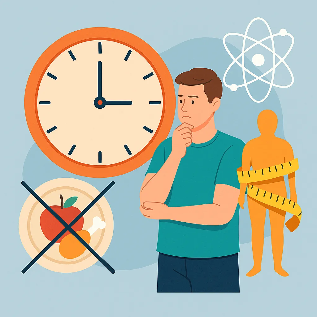 간헐적-단식이-체중-감량에-미치는-과학적-원리를-상징적으로-표현한-일러스트-이미지로-시계와-단식-아이콘-그리고-체중계-실루엣을-묘사