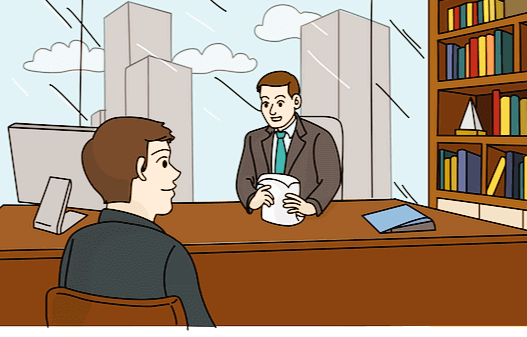 남자 면접관이 책상 앞에 앉아서 면접을 진행하고 남자 면접 대상자는 의자에 앉아 대답을 하는 그림이다.