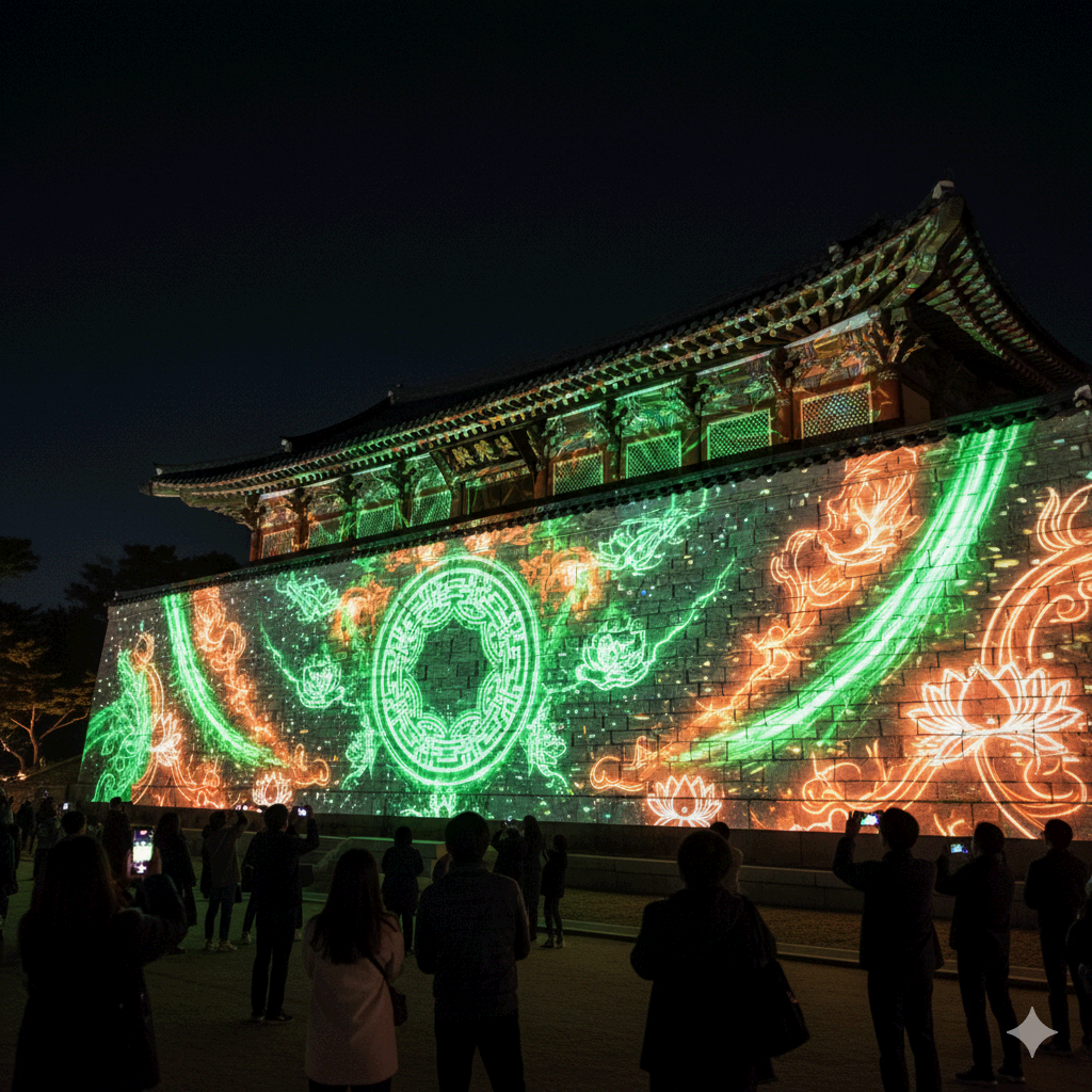 통도사 성보박물관 외벽에서 상영되는 미디어파사드 공연