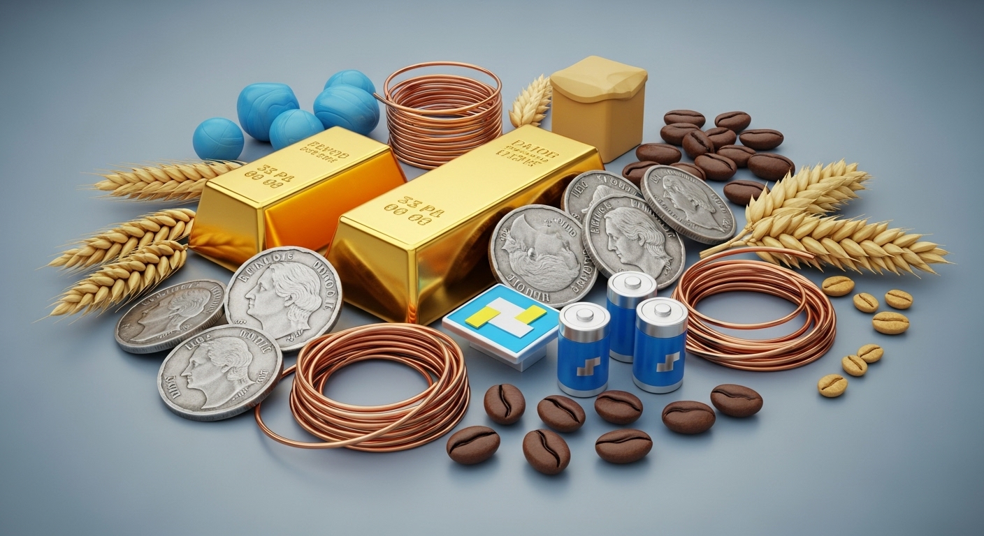 투자자가 여러 모니터에서 원자재 시장 차트와 경제 지표를 분석하며 신중하게 투자 계획을 세우는 모습.