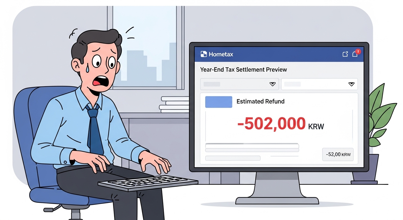 국세청 홈택스 '연말정산 미리보기' 화면에서 '-50만원'(토해냄)이라는 결과를 보고 충격받은 직장인