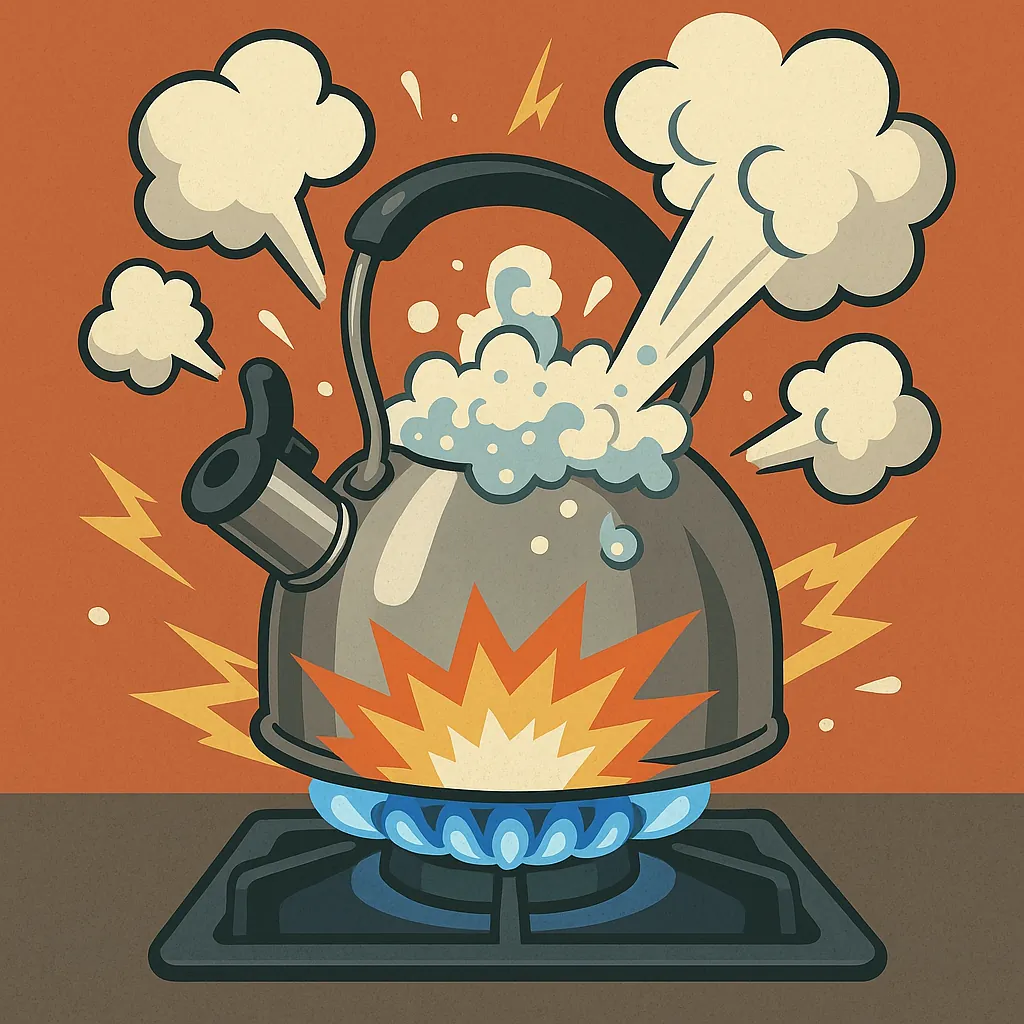 주전자에서 끓는 물과 증기가 갑자기 폭발하며 솟구치는 모습을 표현한 일러스트