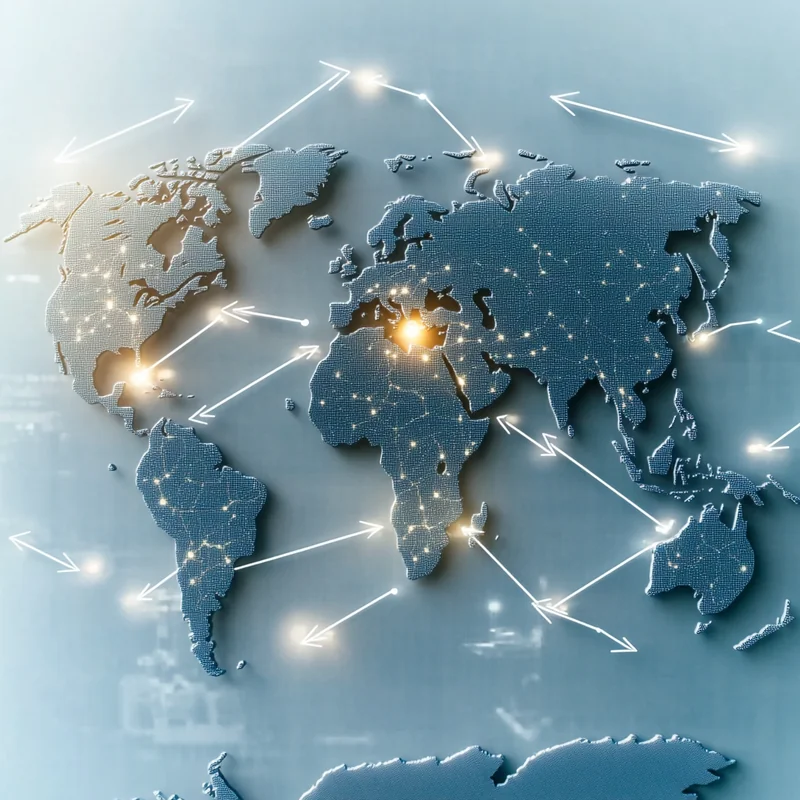 미국 ETF의 전 세계 시장으로의 연결성과 잠재력을 화살표로 나타낸 지도. 글로벌 투자 접근성과 시장 확장의 가능성을 제시합니다. 조명은 잠재적 발전을 부드럽게 강조합니다.