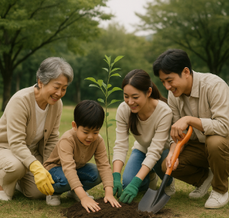 자연휴양림에서 나무를 심고 있는 가족 모습