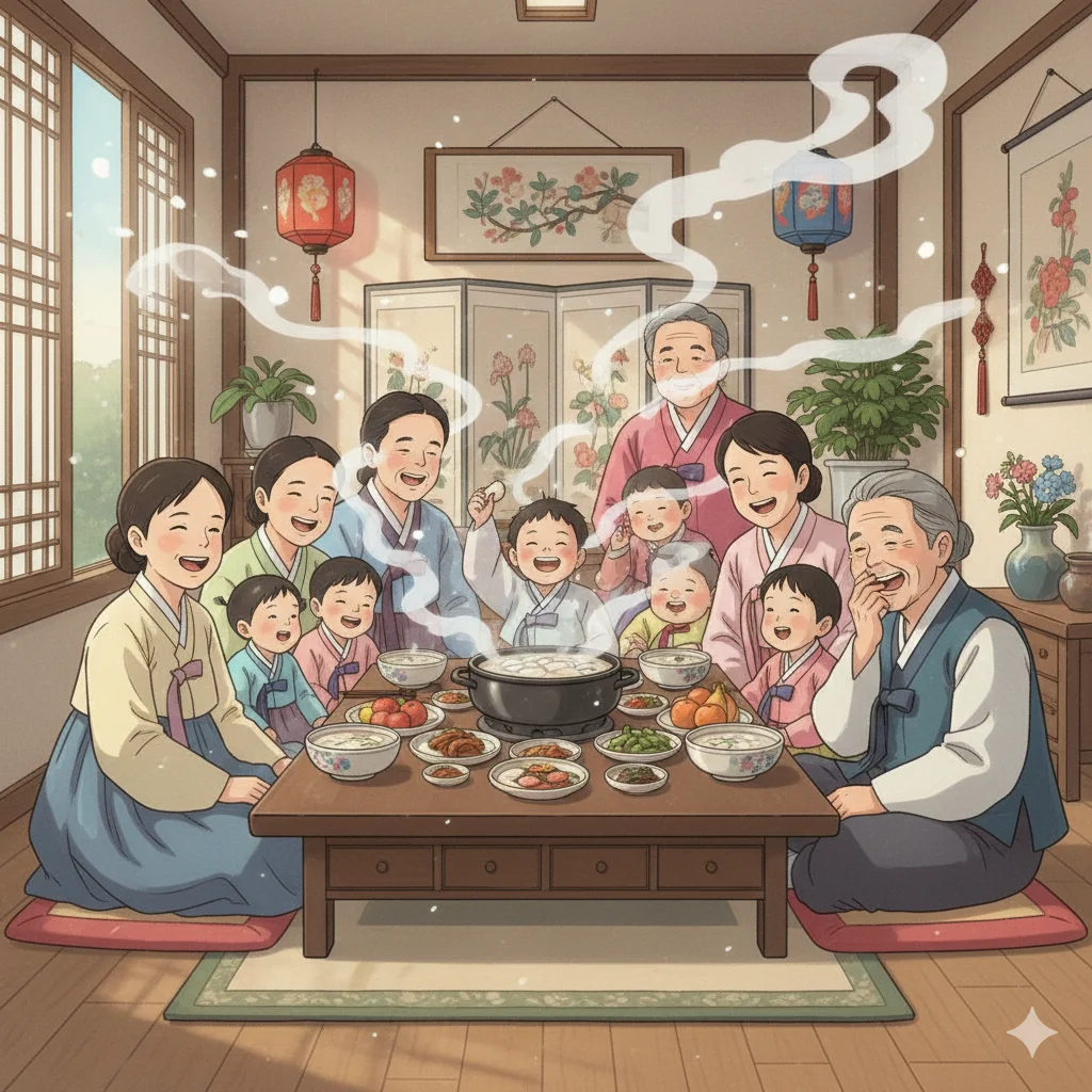 지브리 스타일로 그린 설날 가족 모임, 떡국 냄새가 퍼지는 아늑한 거실에서 웃음이 가득한 장면