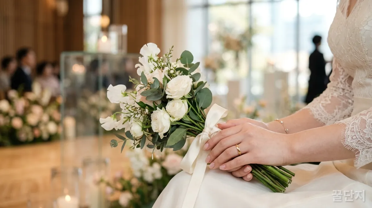 웨딩드레스와 어울리는 미니멀한 부케를 든 한국인 신부의 손