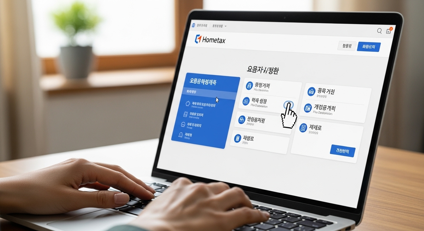 노트북 화면에서 국세청 홈택스 웹사이트의 종합소득세 신고 메뉴를 탐색하는 손.