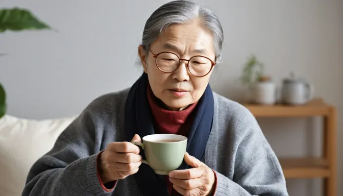 차 옆에 면역력 영양제를 두고 있는 노년층의 모습