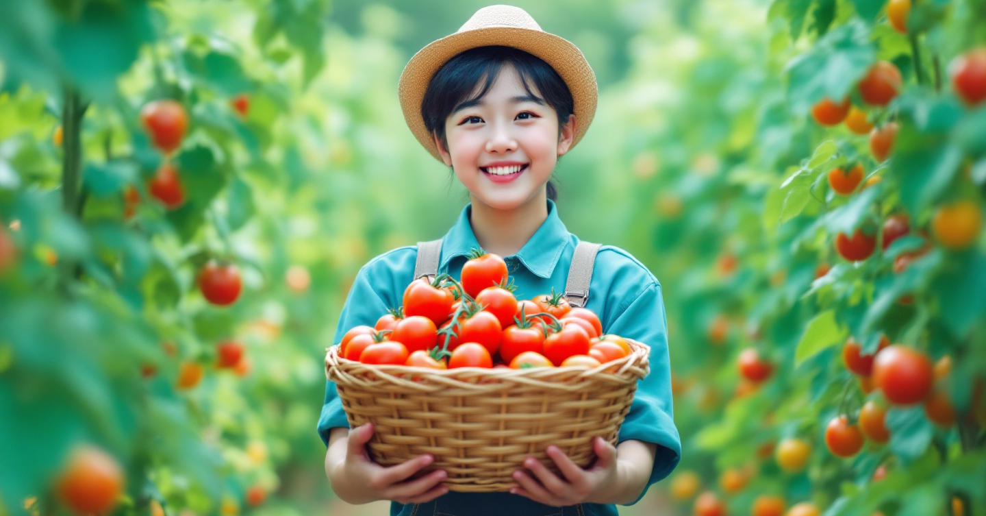 토마토를 한바구니 가득들고 서 있는 여성