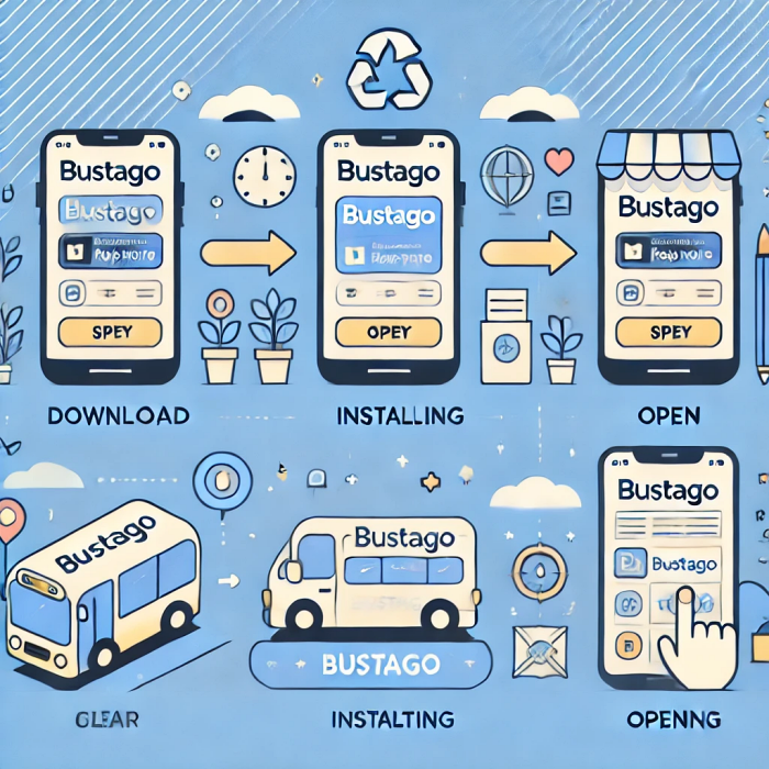 버스타고 앱을 다운로드하고 설치하는 과정을 단계별로 보여주는 일러스트.