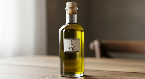 식탁 위에 올리브유가 담긴 유리병이 놓여 있음