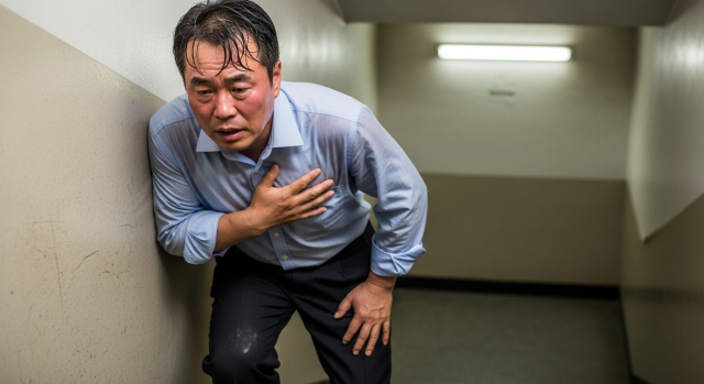 숨을 몰아쉬며 계단에서 쉬는 중년 남성