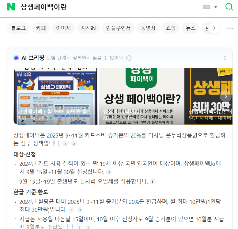 상생페이백 검색결과 화면