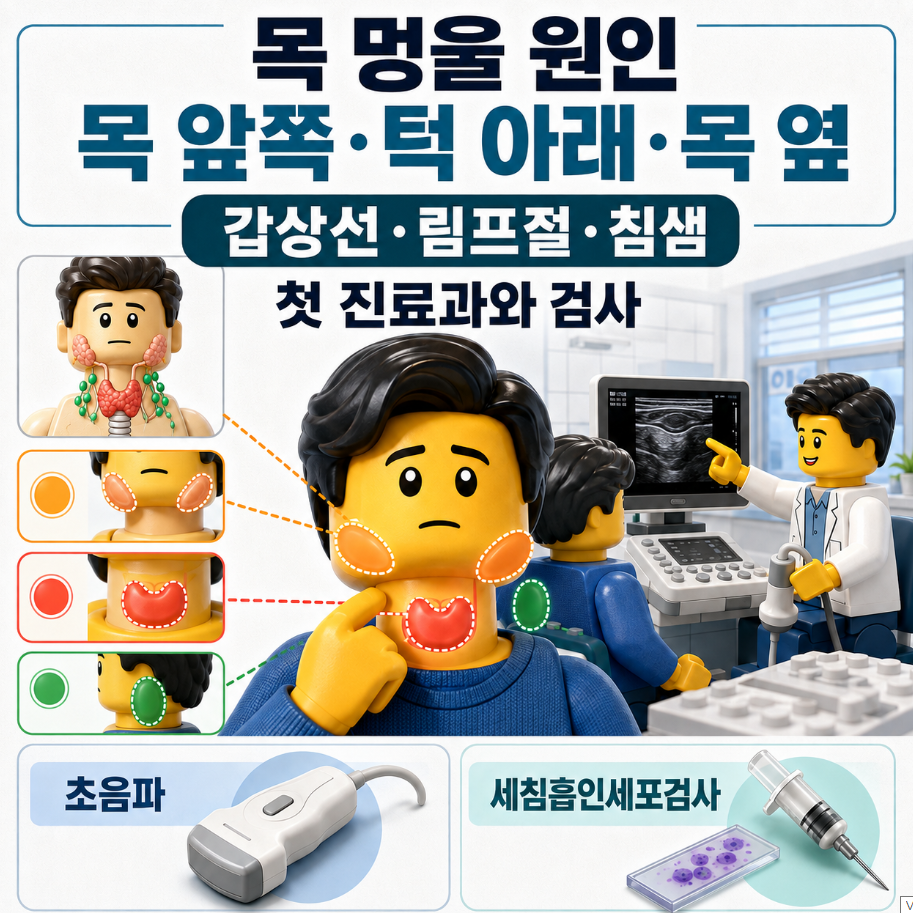 목 앞쪽 갑상선 부위와 턱 아래&middot;목 옆 멍울의 위치별 대표 원인 비교