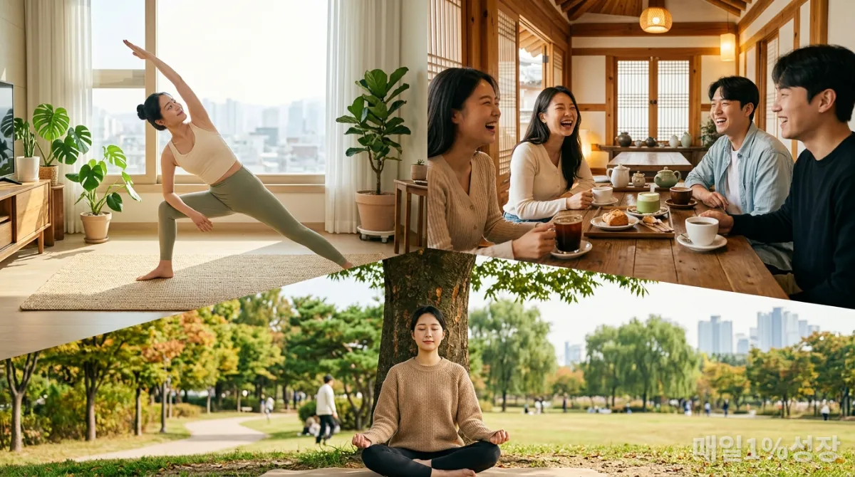 요가, 친구들과의 웃음, 심호흡 등 일상에서 코르티솔을 낮추는 다양한 활동을 하는 한국인들의 모습
