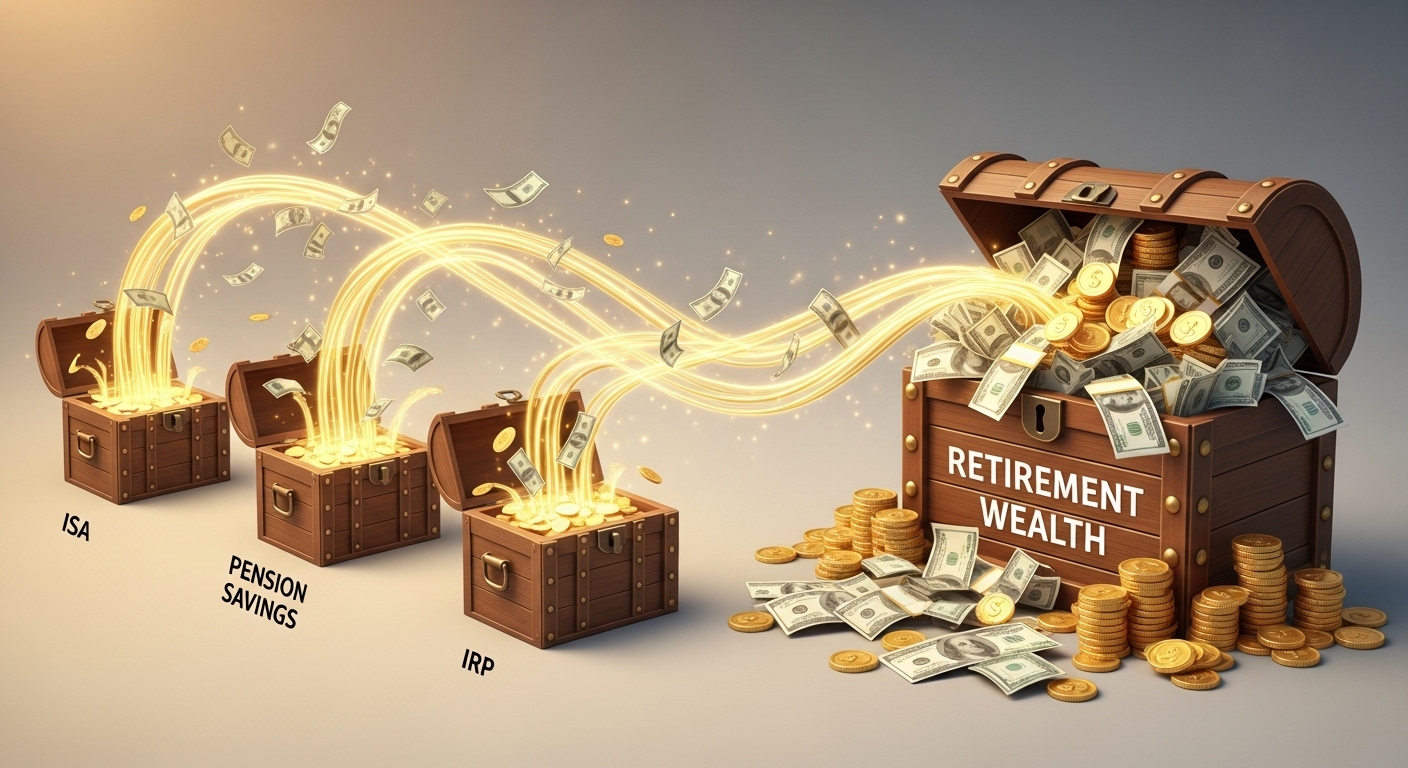 3개의 다른 절세 통장(ISA, 연금저축, IRP)이 모여 하나의 큰 돈다발을 만드는 이미지