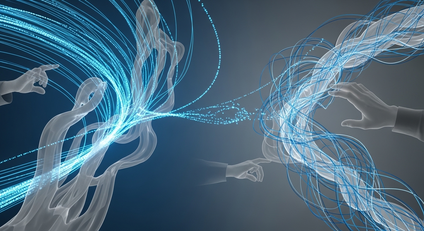 인공지능의 데이터 처리 자동화와 인간의 전략적 개입이 필요한 부분을 시각적으로 표현한 추상적인 이미지.