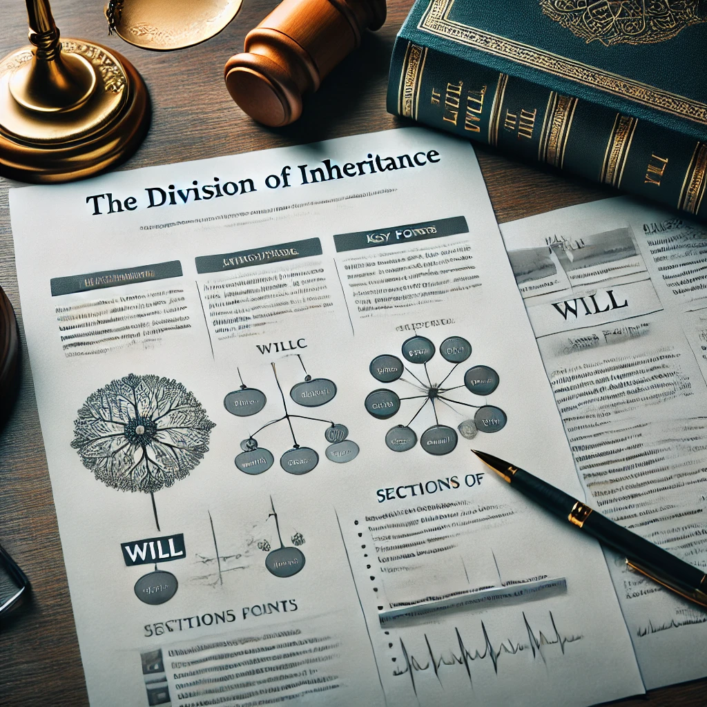 상속 분할을 보여주는 법적 문서, 유언장의 일부가 강조 표시된 모습. 문서는 테이블에 펼쳐져 있고, 중요한 부분들이 하이라이트 되어 있습니다. 옆에는 법률 서적과 펜이 놓여 있어 공식적인 법적 절차를 나타냅니다."