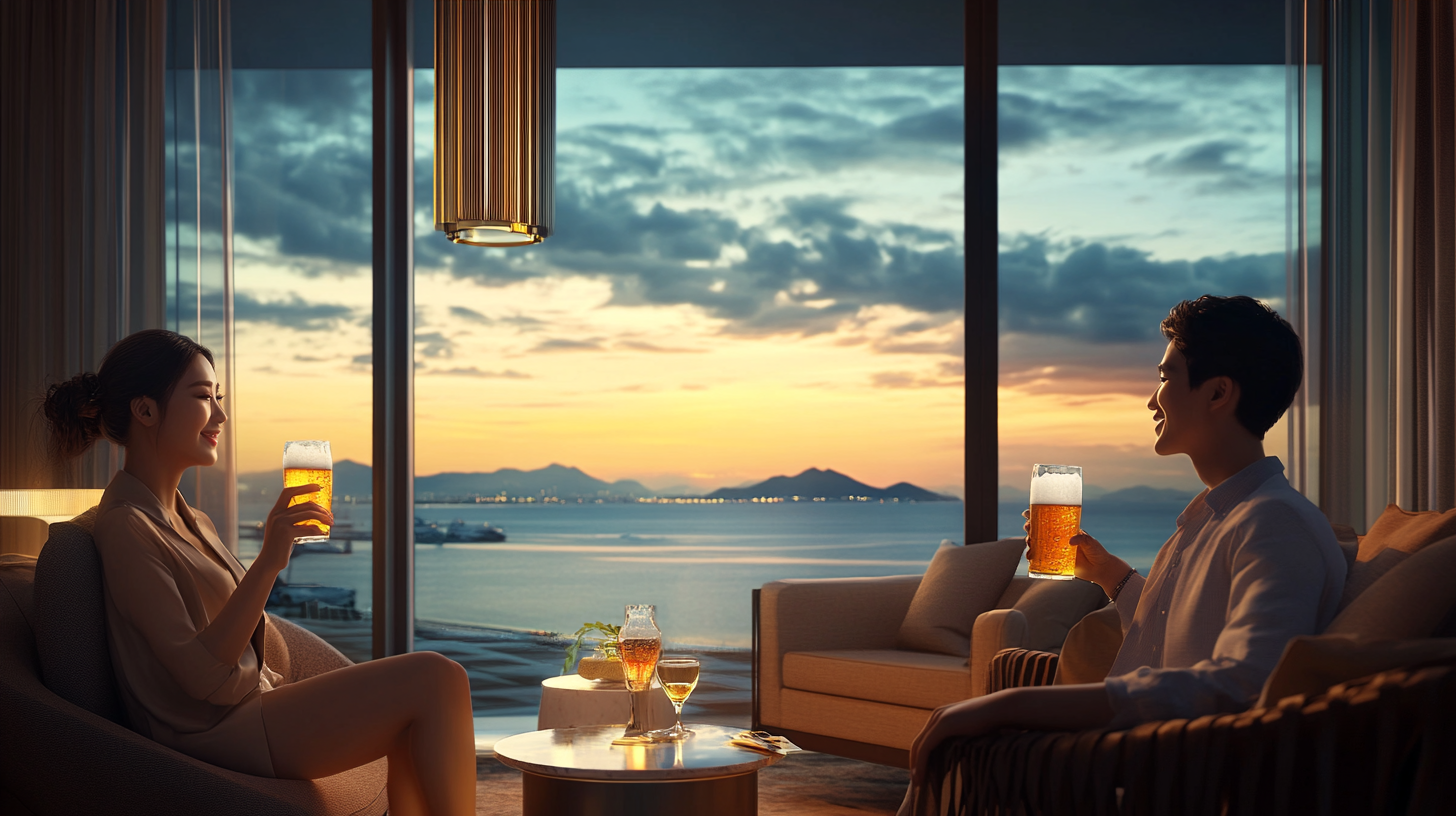 부산 해운대 펜션의 이미지. 남녀커플이 맥주를 하고 있다.