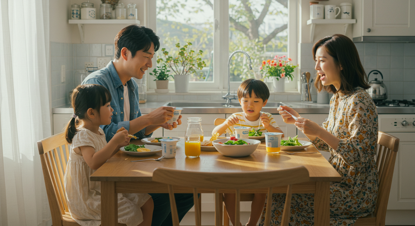 아침 햇살이 들어오는 주방에서, 한국인 가족이 식탁에 앉아 요거트와 샐러드를 함께 먹는 장면.