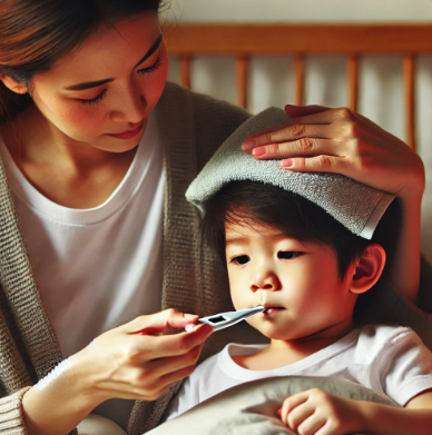 환절기에 열을 측정하고 있는 아픈 아이와 엄마