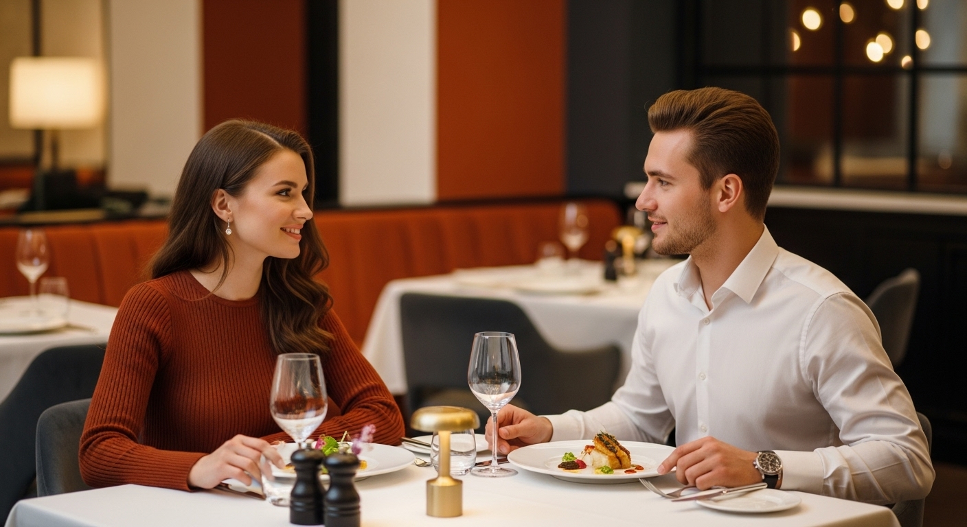 20대 대학생 커플이 고급스러운 레스토랑에서 우아하게 코스 요리를 즐기는 로맨틱한 순간