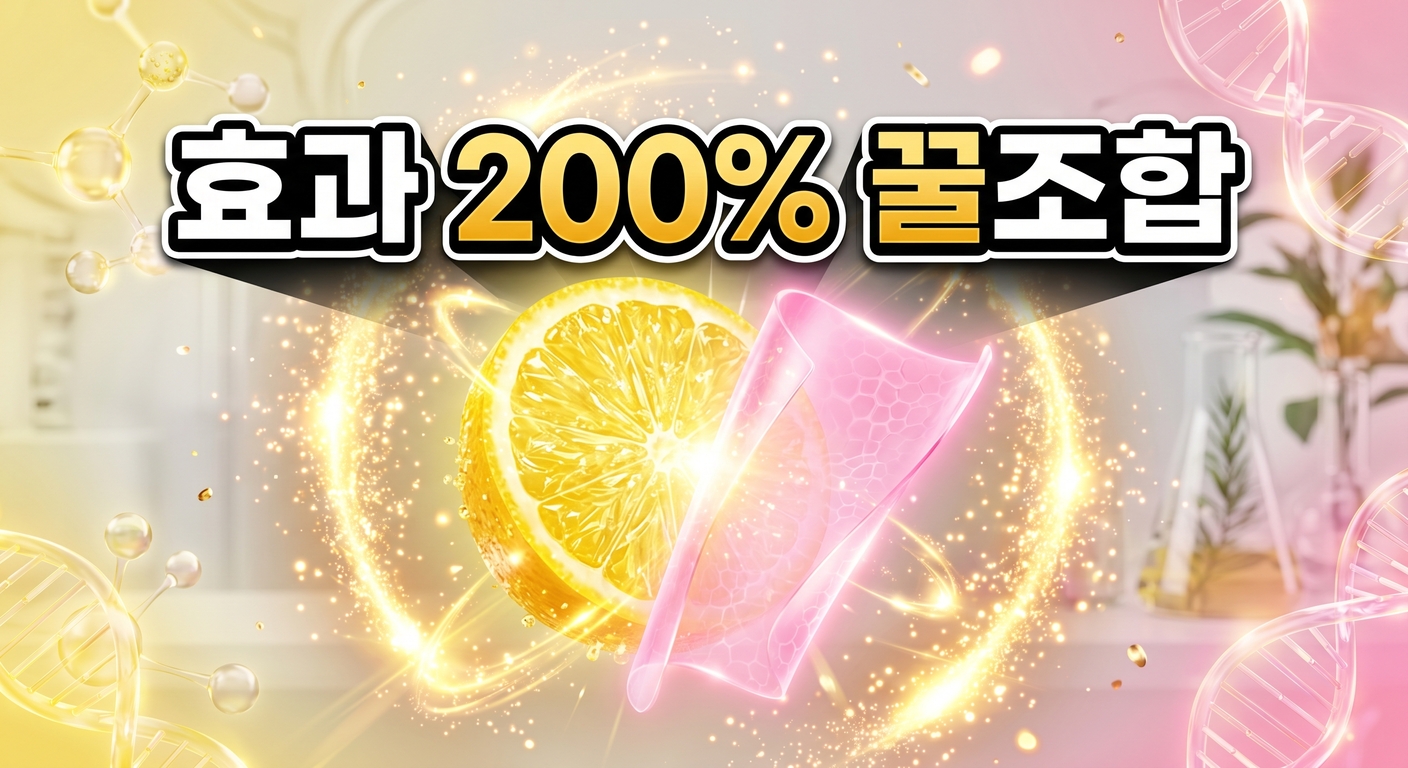 밝은 노란색 비타민C 조각과 빛나는 분홍색 글루타치온 필름이 결합하여 반짝이는 황금빛 에너지를 뿜어내는 3D 일러스트 배경에, 짙은 그림자와 외곽선으로 선명하게 강조된 '효과 200% 꿀조합'이라는 한글 문구가 중앙에 적힌 이미지