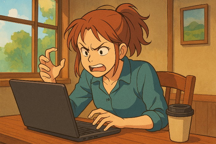 노트북을-보면서-화난-표정을-짓고-있는-여성-캐릭터