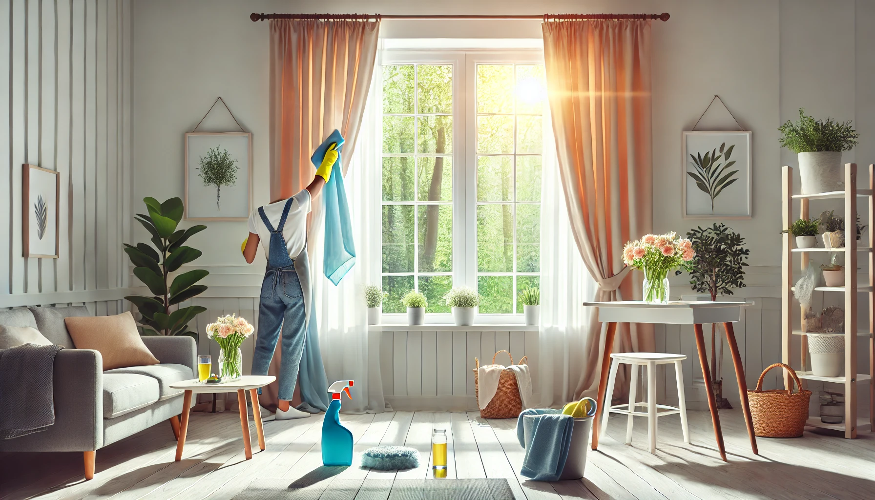 창문틀 닦고 커튼 세탁 및 건조하는 활동