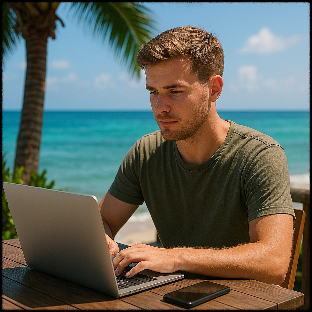 해변에서 자유롭게 작업 중인 디지털 노마드 남성