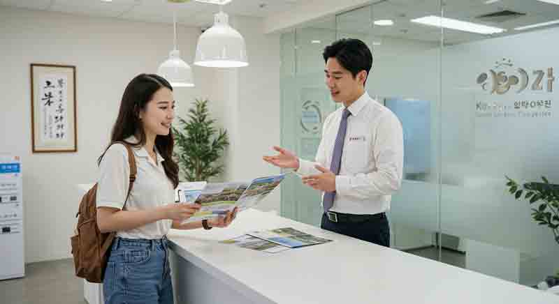 여행사 사무실에서 여성이 상담을 하고 있다.