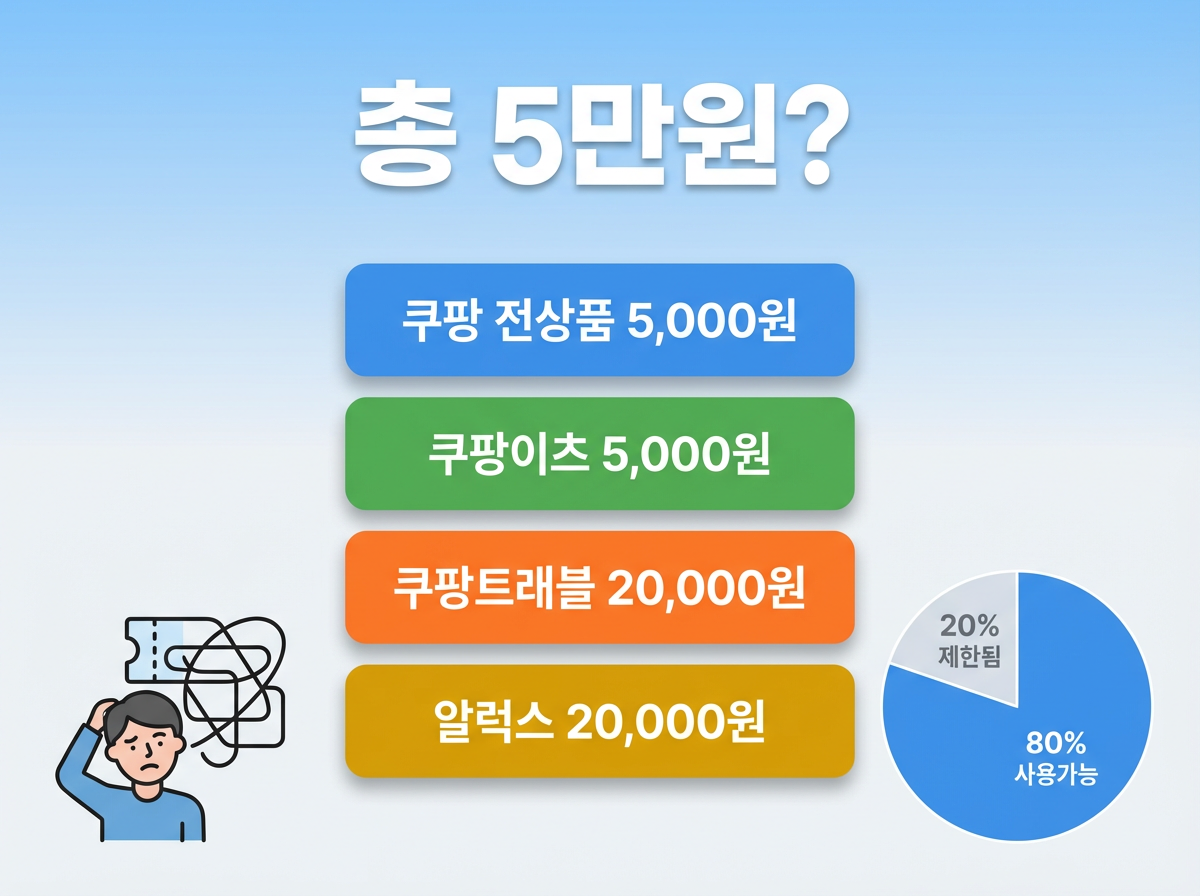 "쿠팡 5만 원 보상 구조 인포그래픽 - 쿠폰 구성 비율과 실질 혜택 분석"