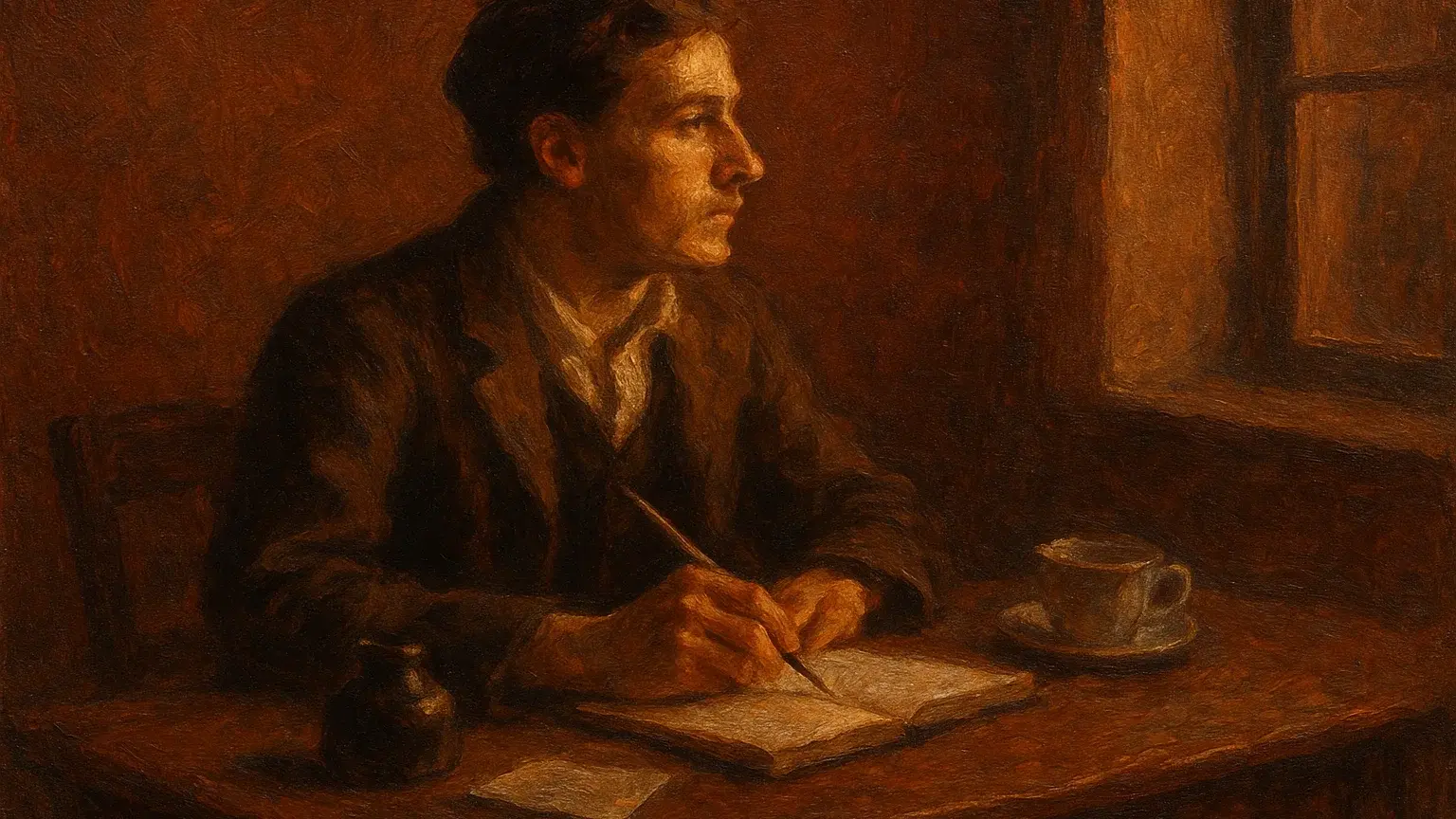 책상 앞에서 일기를 쓰며 깊이 생각하는 모습의 따뜻한 조명이 있는 성찰하는 사람의 이미지