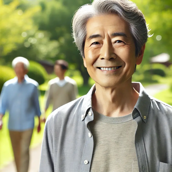 기초연금 수령 후 여유롭게 산책하며 미소 짓는 동양인 노인의 모습