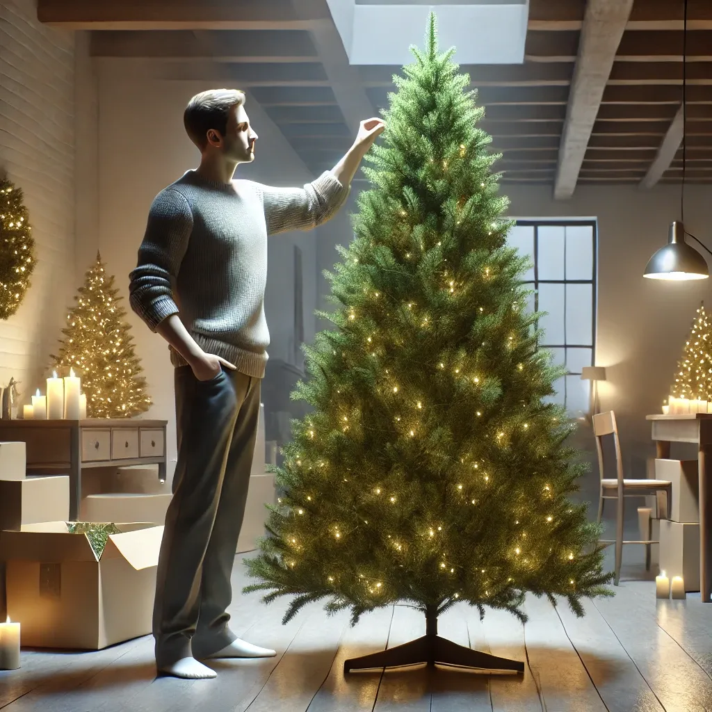 사용 전에 PE 인조 크리스마스 트리를 점검하는 모습