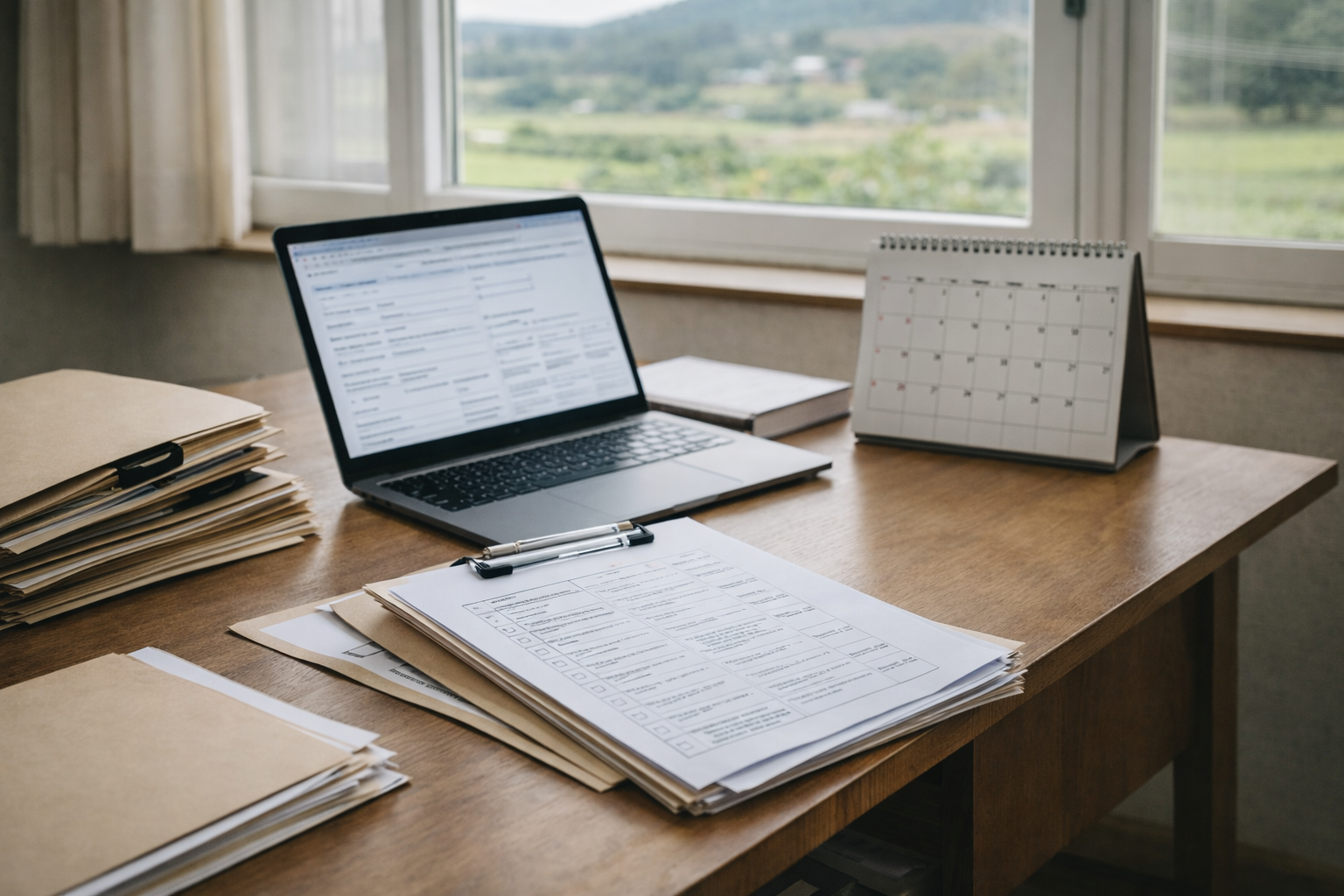 한국 농촌 지역이 보이는 창가 옆 책상 위에 귀농 지원 신청 서류와 심사 관련 문서가 정리된 지자체 행정 준비 환경