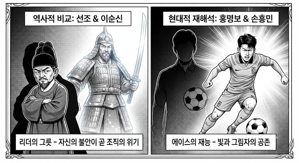 조선시대 선조와 이순신의 권력 갈등 일러스트와 현대 축구의 리더십 및 에이스 관계를 비교한 이미지"