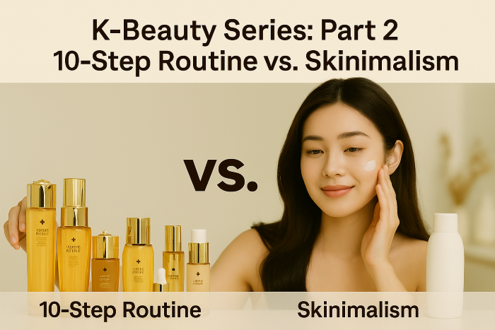 K-뷰티 루틴 비교 – 10단계 루틴과 스키니멀리즘을 보여주는 이미지