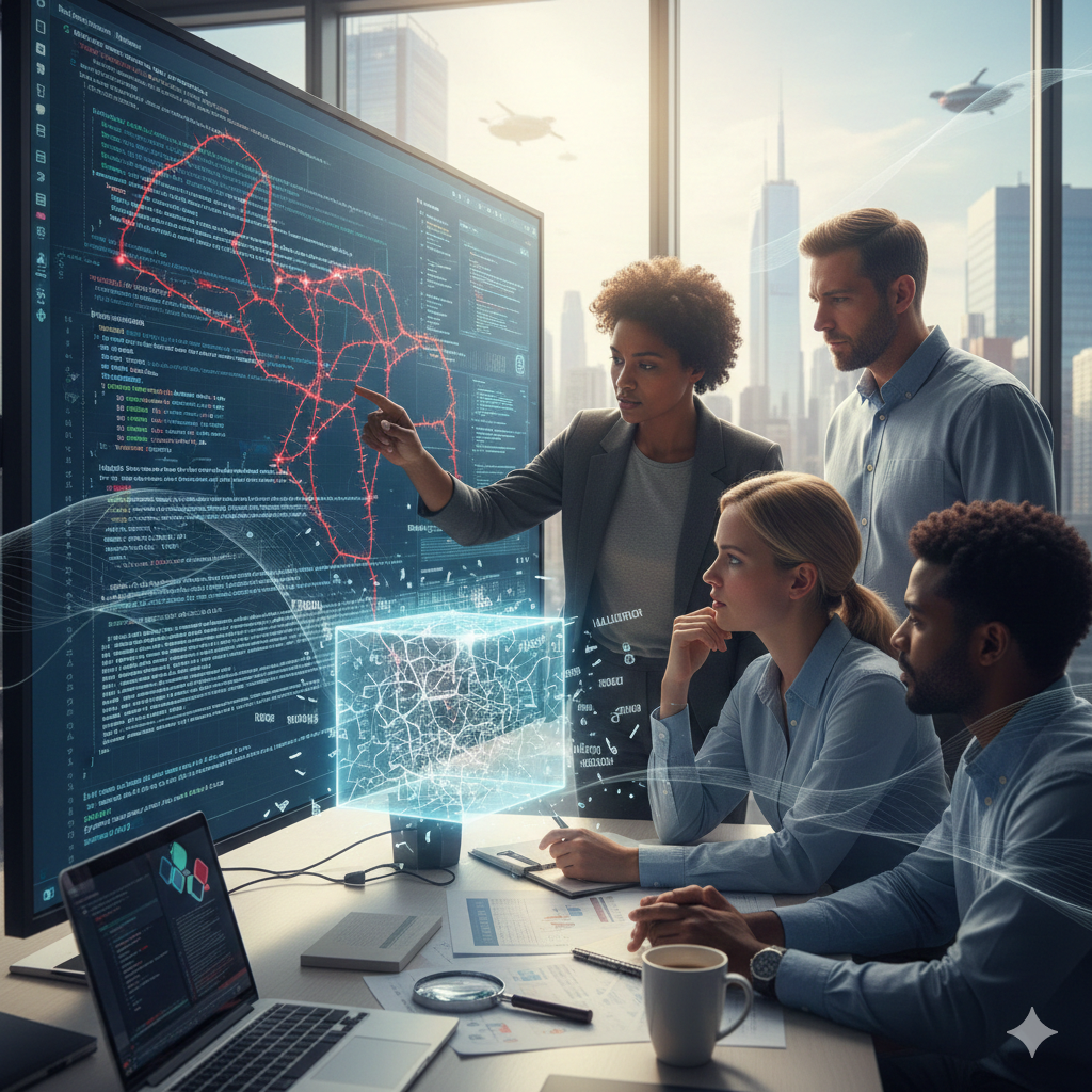 밝은 회의실에서 네 명의 전문가(여성 세 명, 남성 한 명)가 대형 모니터 앞에 모여 있다. 화면에는 도시 지도 위에 붉은 네트워크 선과 코드가 겹쳐져 표시되어 있고, 한 여성(갈색 피부)이 화면을 손가락으로 가리키며 설명 중이다. 테이블 위에는 노트북, 종이, 커피가 놓여 있으며, 창밖으로 뉴욕 스카이라인이 보인다. 협업과 집중의 장면.
