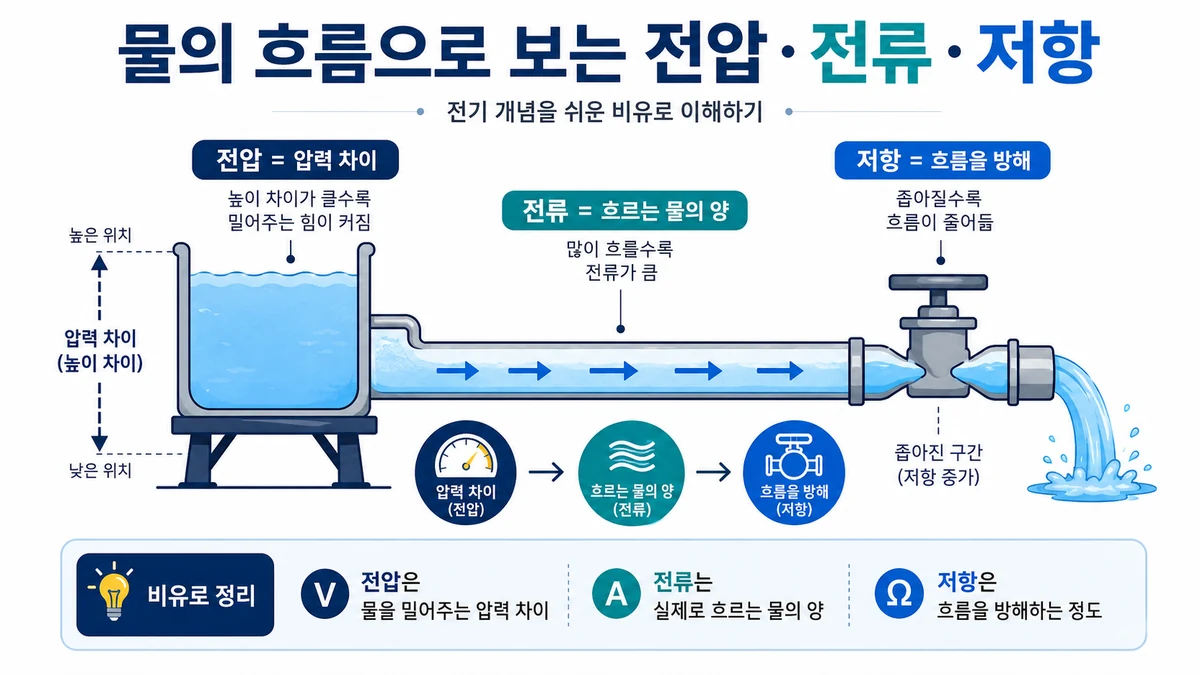 물의 흐름으로 설명한 전압 전류 저항 관계