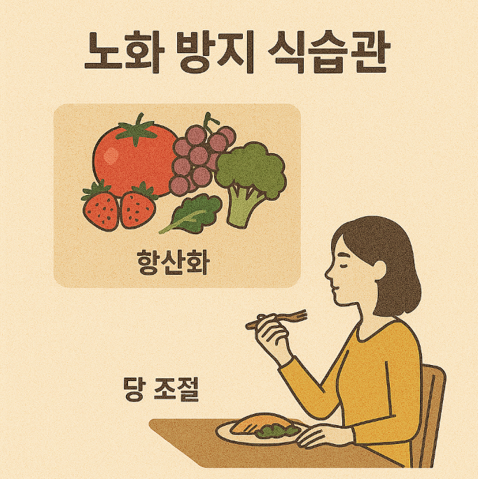 항산화 관련 채소 과일과 당조절하는 식단을 먹는 이미지
