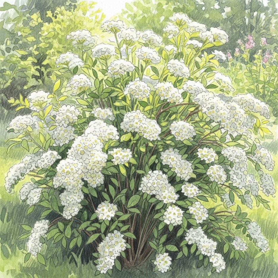 햇살 아래 하얗게 만개한 조팝나무 덤불 풍경