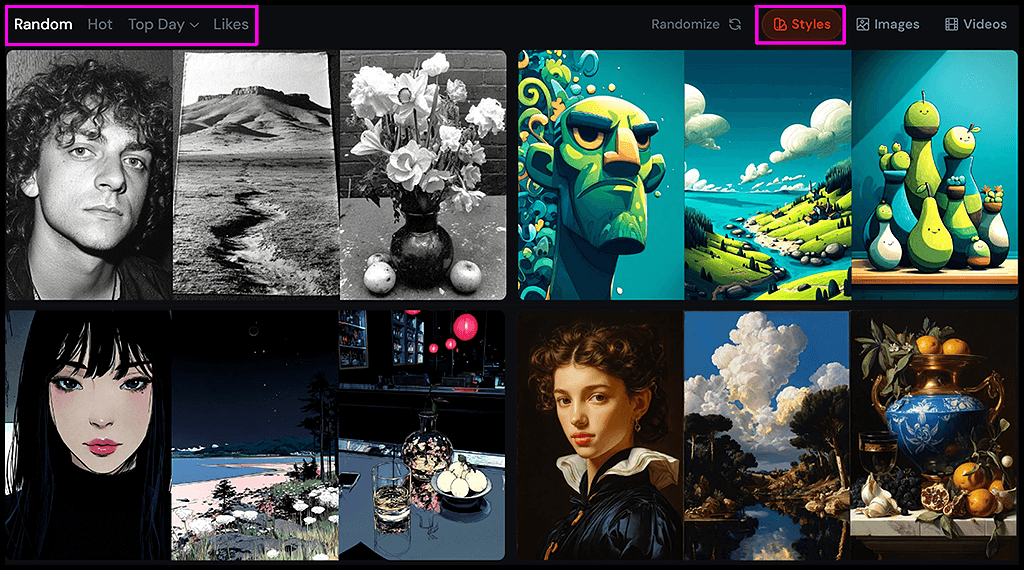 미드저니 Style Explorer, 스타일 탐색 기능을 보여주는 무작위 스타일 썸네일과 검색 UI 이미지_Midjourney