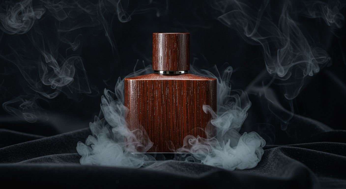 깊은 나뭇결이 느껴지는 고급 향수 병이 검은 벨벳 천 위에 놓여 있고, 연기가 주변에 퍼지는 남성적인 분위기, 사실적인 스타일, 남자 향수, 오우드 향수