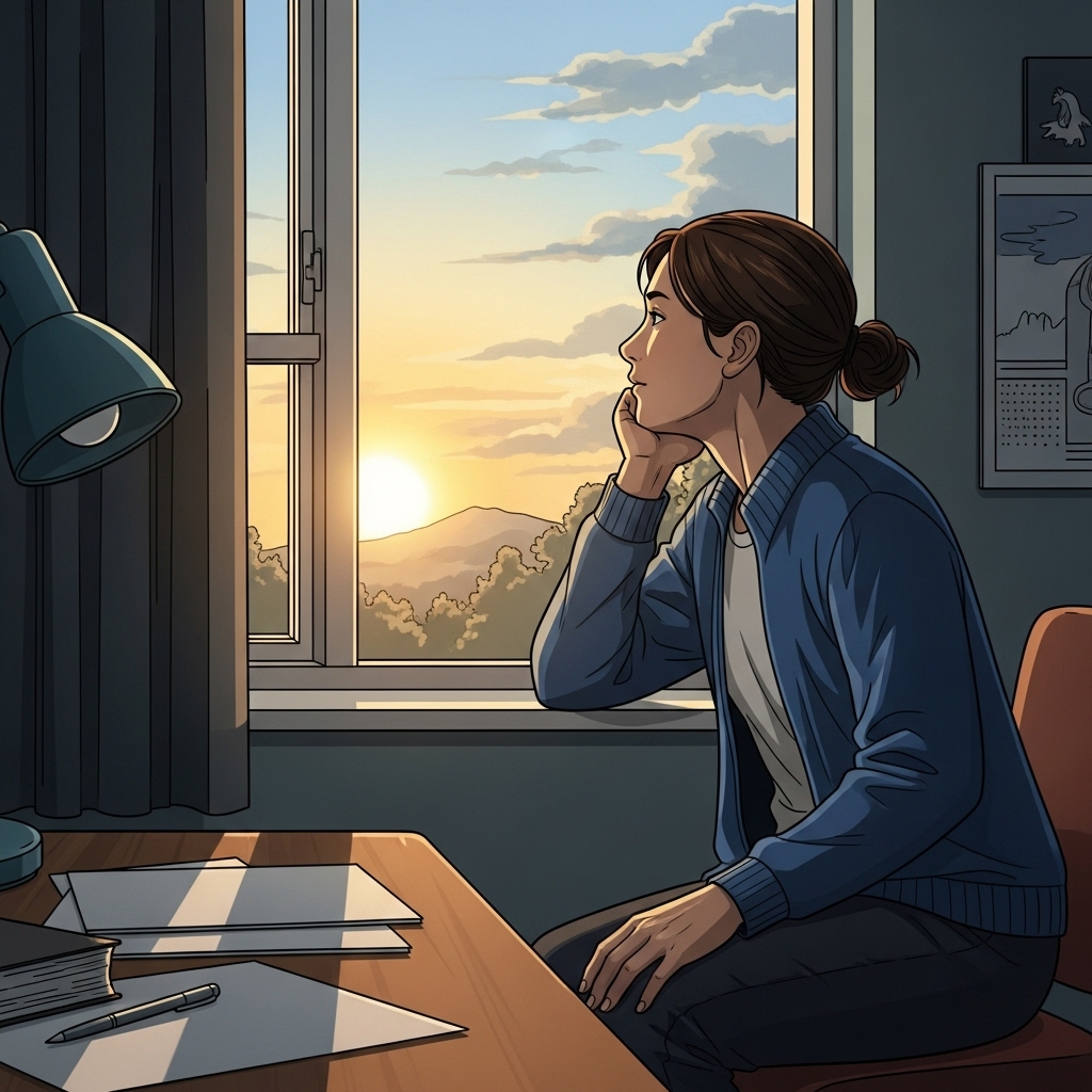 창밖의 일출을 보며 희망찬 표정을 짓는 사람, 긴급 생계 지원금으로 새로운 시작을 다짐하는 모습