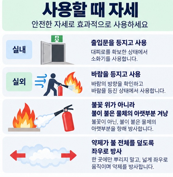 실내는 출입문을 등지고 실외는 바람을 등지며 불길 아랫부분에 약제를 뿌리는 사용 요령 이미지